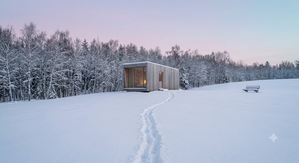 A quiet wooden cabin sits in a snowy landscape, symbolizing a serene retreat focused on maintaining holiday sobriety.