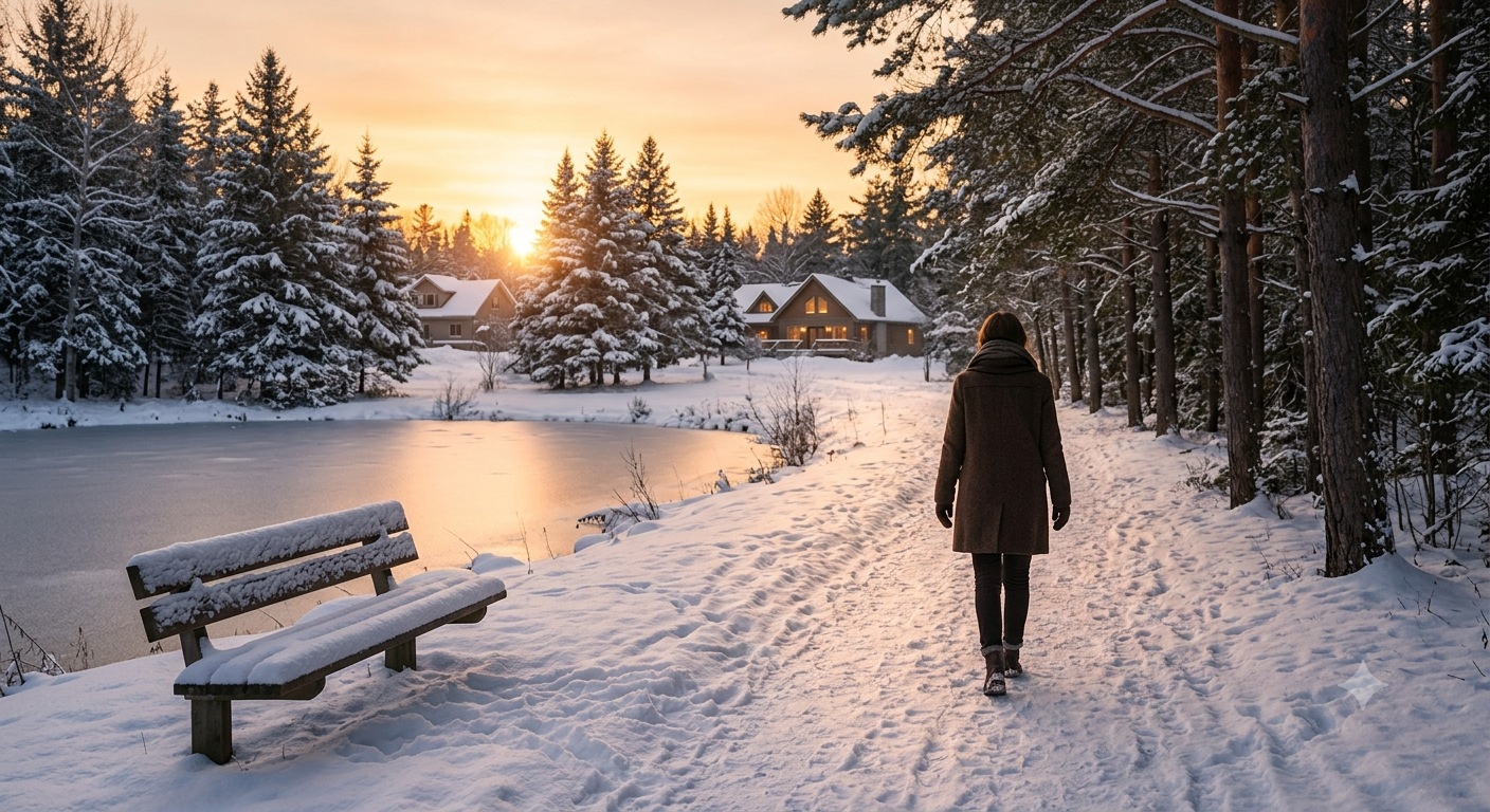 A peaceful individual walks along a snow-covered path at sunset, representing personal peace and holiday sobriety.
