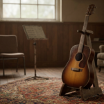 Acoustic guitar in a therapy room demonstrating the role of music in addiction recovery.