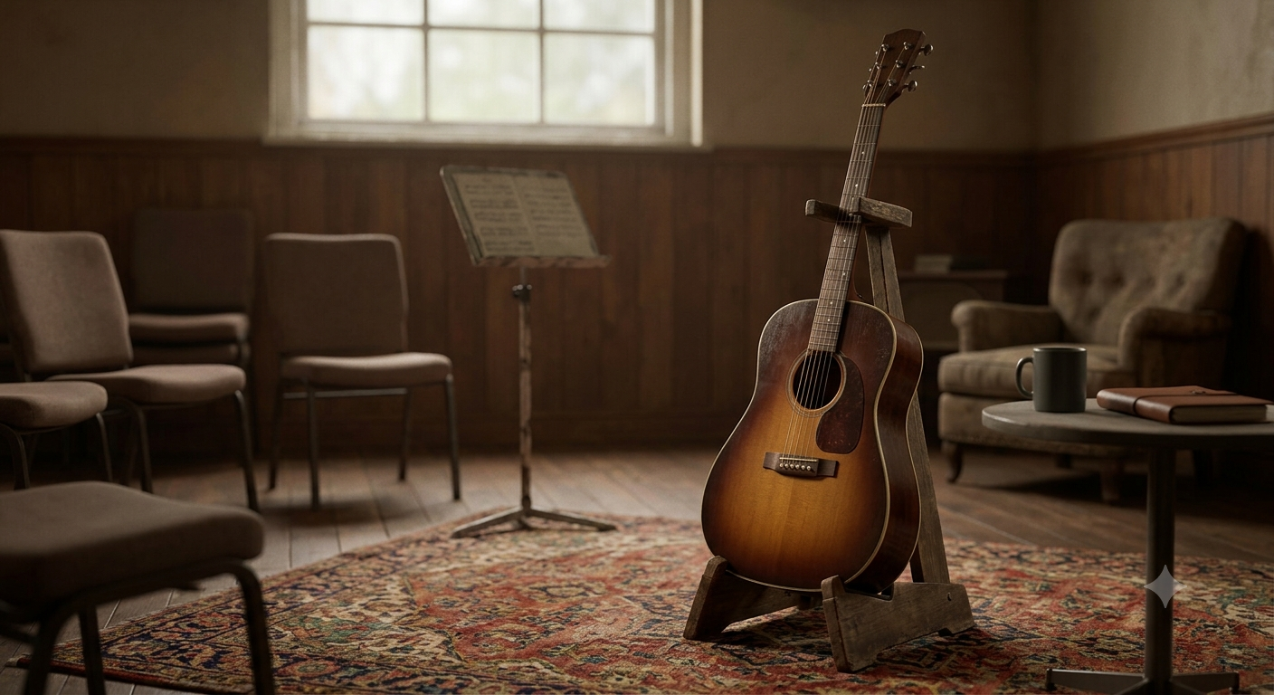 Acoustic guitar in a therapy room demonstrating the role of music in addiction recovery.