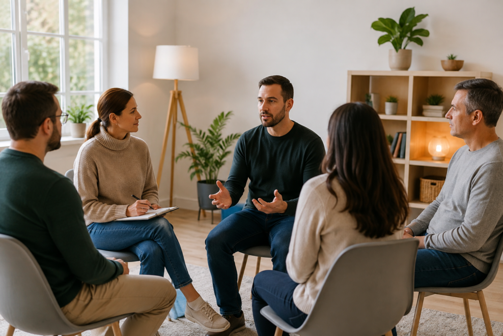 A supportive group counseling session in an intensive outpatient program helps patients build recovery skills together.