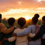 Diverse Black community members standing together at sunset, symbolizing unity, resilience, and healing related to Juneteenth and Addiction.