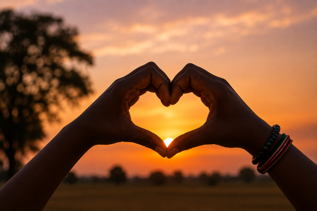 Dark-skinned hands forming a heart around the setting sun, representing hope, community support, and recovery in Juneteenth and Addiction awareness.