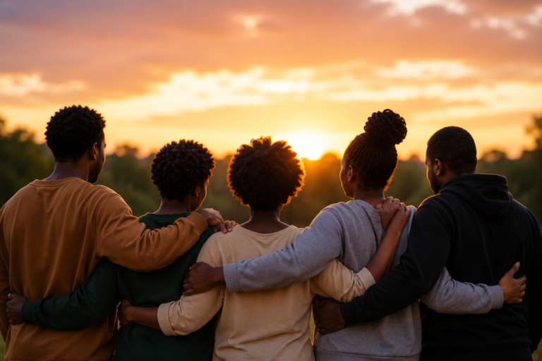 Diverse Black community members standing together at sunset, symbolizing unity, resilience, and healing related to Juneteenth and Addiction.