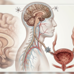 An educational illustration linking the human brain to the bladder, showcasing the physical path and consequences of ketamine bladder damage.