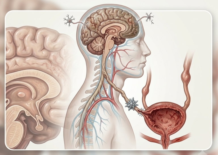An educational illustration linking the human brain to the bladder, showcasing the physical path and consequences of ketamine bladder damage.