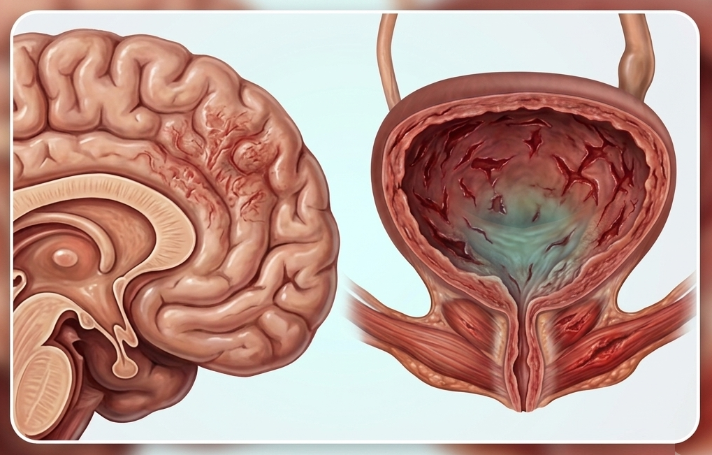 A diagram showing human anatomy of the bladder and ureters, detailing severe tissue irritation and ketamine bladder damage.