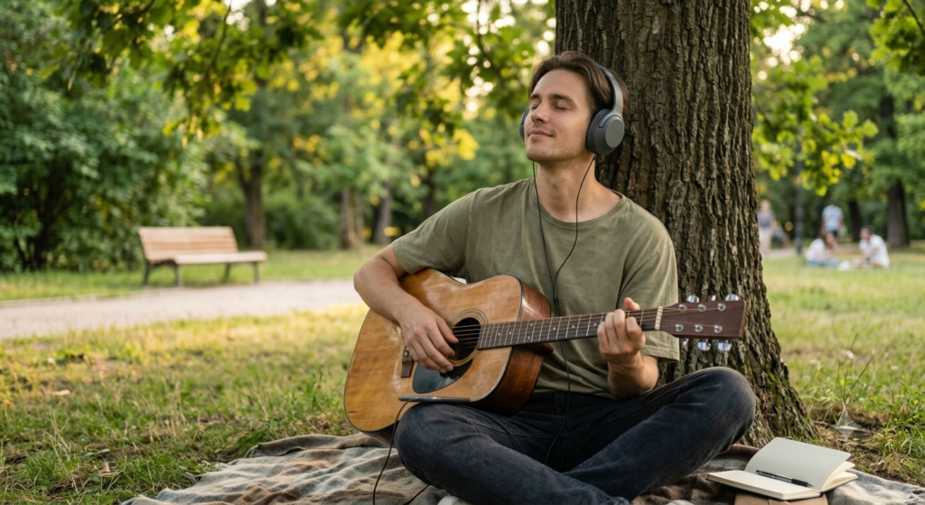 A young man sitting under a tree playing acoustic guitar while wearing headphones for mental health and recovery.