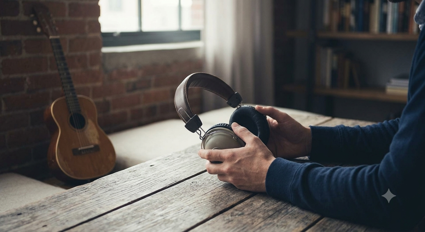 Close-up of hands holding headphones on a wooden desk near an acoustic guitar for mental health and recovery.
