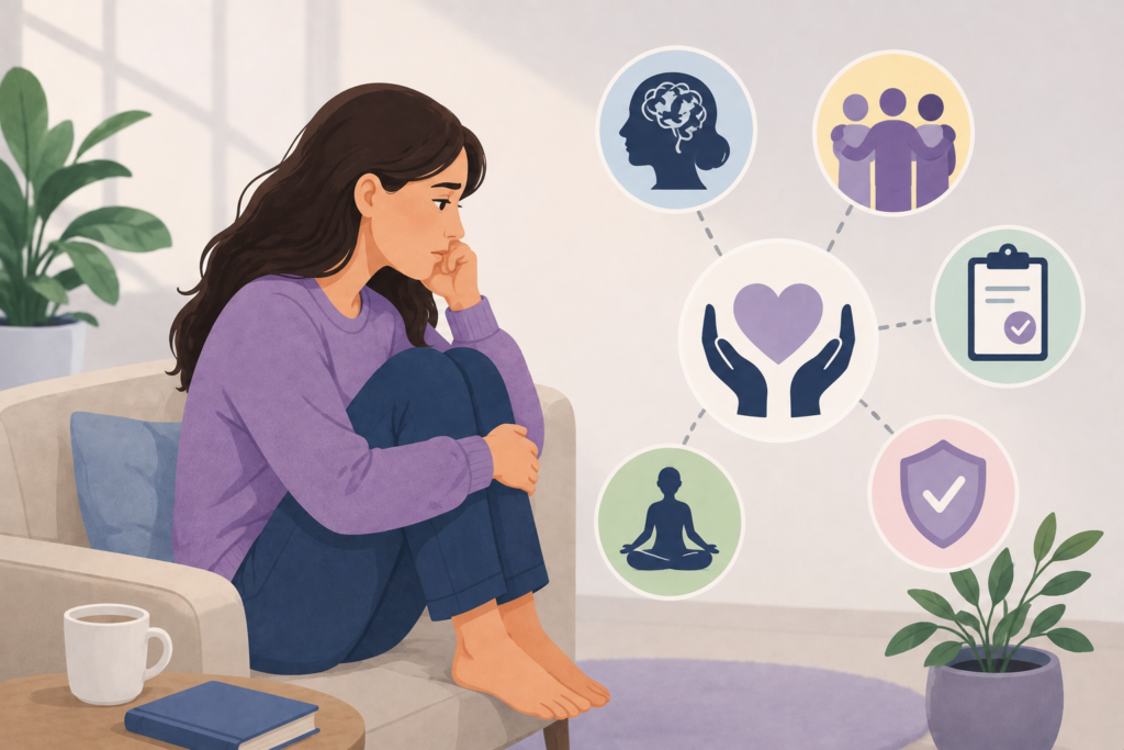 Woman considering support, self-care, and recovery resources, illustrating the challenges of substance use among women.