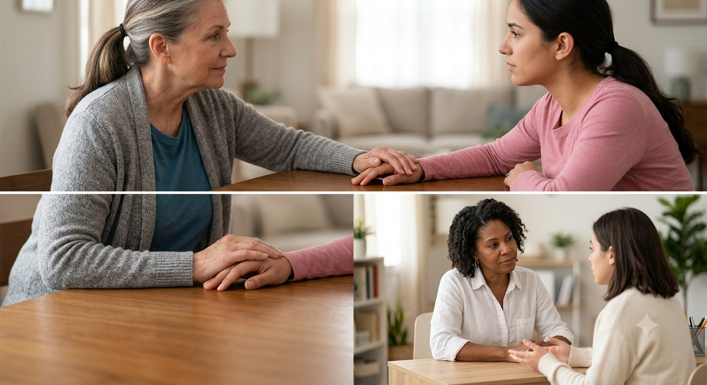 A woman holding hands across a wooden table to support a loved one in recovery with compassion and empathy.