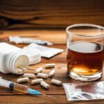 A glass of alcohol, syringes, and pills on a wooden surface, illustrating typical triggers encountered when navigating substance use treatment.