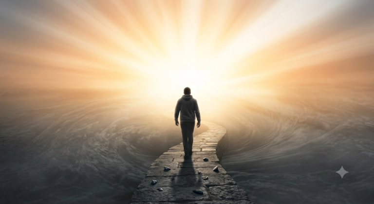A person walks along a clear stone path away from stormy waters toward bright light, depicting recovery from a substance use disorder.