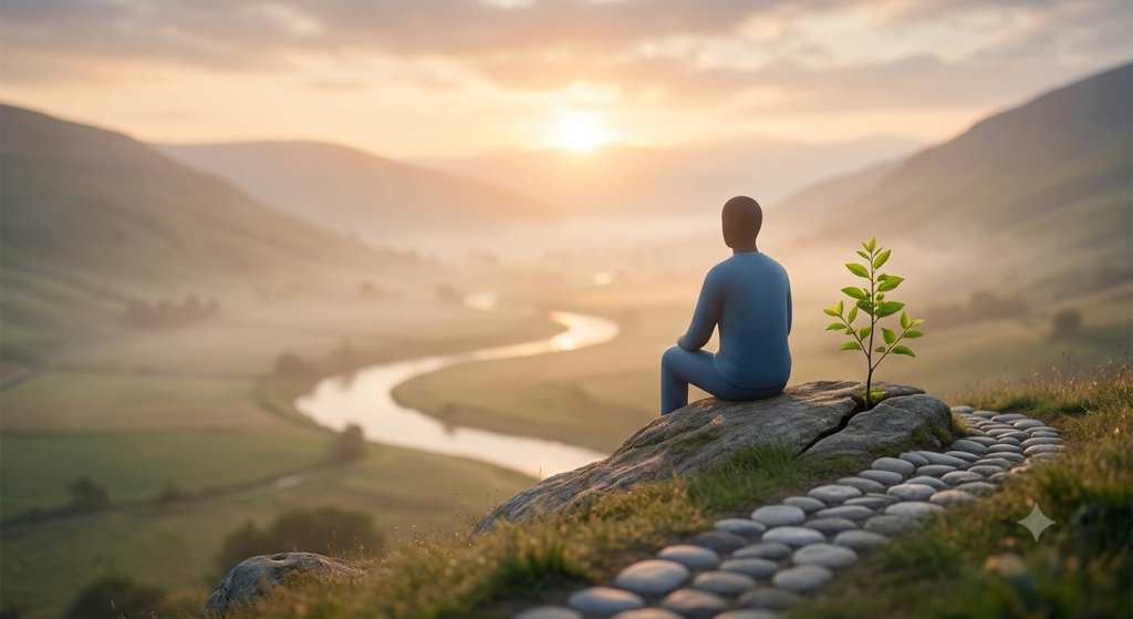 A person sitting on a path overlooking a sunlit valley, symbolizing therapy in addiction treatment and recovery.