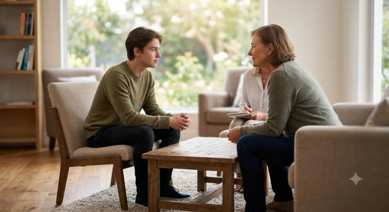 A therapist supporting a young man during a session, showing the value of therapy in addiction treatment.