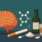 Graphic illustrating different substances and a brain, highlighting the physical impact addressed by a professional substance use disorder program.