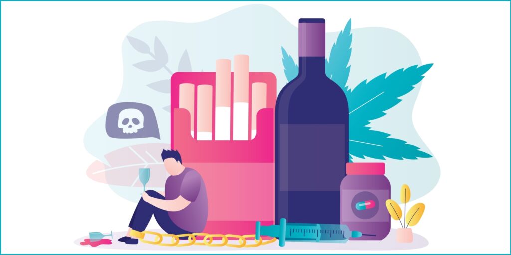 Vector art of a person chained to various substances, symbolizing the struggles that a substance use disorder program helps overcome.