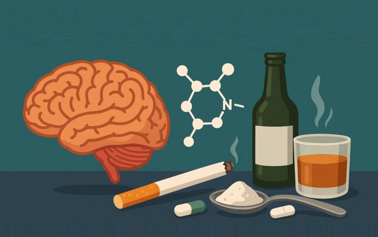 Graphic illustrating different substances and a brain, highlighting the physical impact addressed by a professional substance use disorder program.