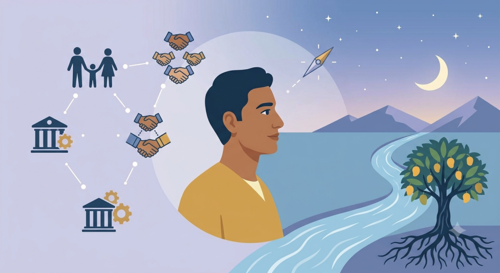 Illustration of a person surrounded by a supportive network of family and friends on a path toward treatment and recovery.