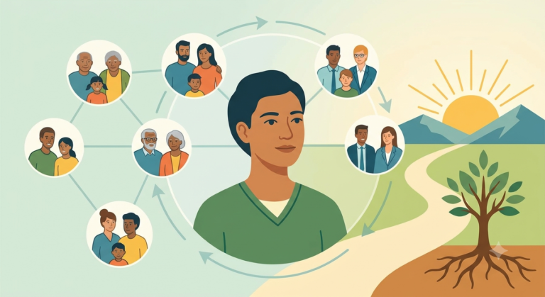 Vector graphic of a person near icons for workplace and family support, showing personal growth in treatment and recovery.