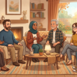 Warm illustration of people sitting in a circle during recovery meetings, sharing experiences and offering mutual peer support in a comfortable setting.