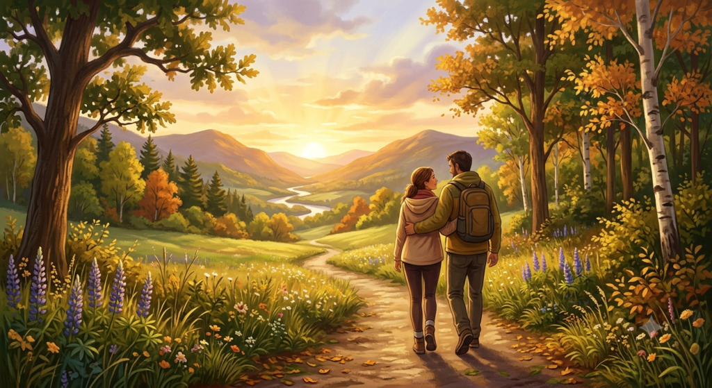 Serene illustration of two people walking together on a scenic trail, symbolizing personal growth, ongoing support, and hope through recovery meetings.