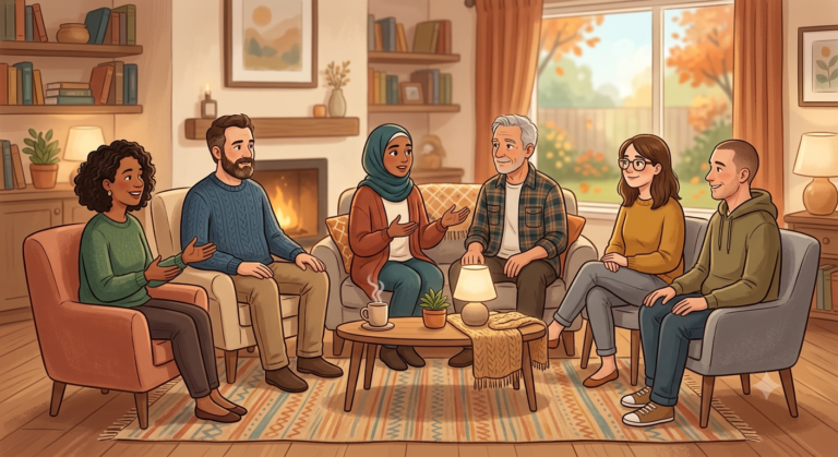 Warm illustration of people sitting in a circle during recovery meetings, sharing experiences and offering mutual peer support in a comfortable setting.