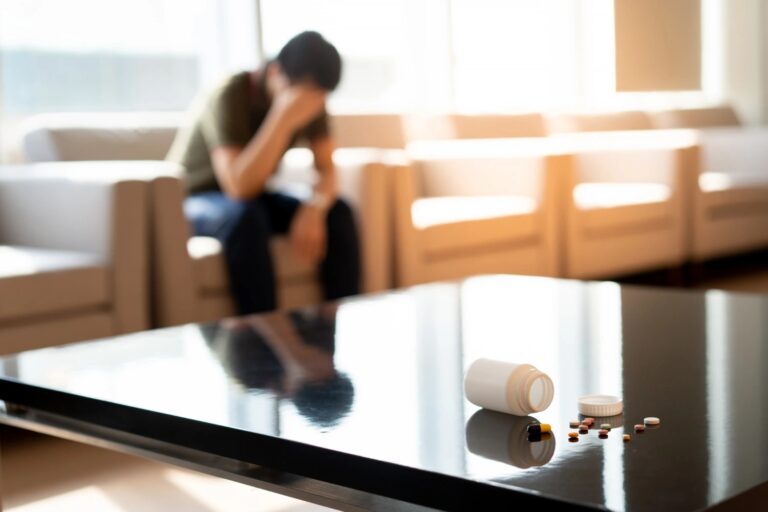 A man reflecting in a living room near medications, demonstrating the need for quality care at luxury rehab at insurance rates.