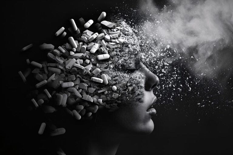 Abstract monochrome visual of a head dissolving into pills, representing mental recovery in an opioid addiction treatment program.