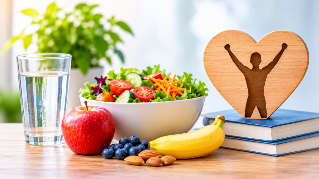 Fresh salad, fruits, nuts, and a glass of water beside a wooden heart symbol, illustrating healthy living and medication-assisted treatment