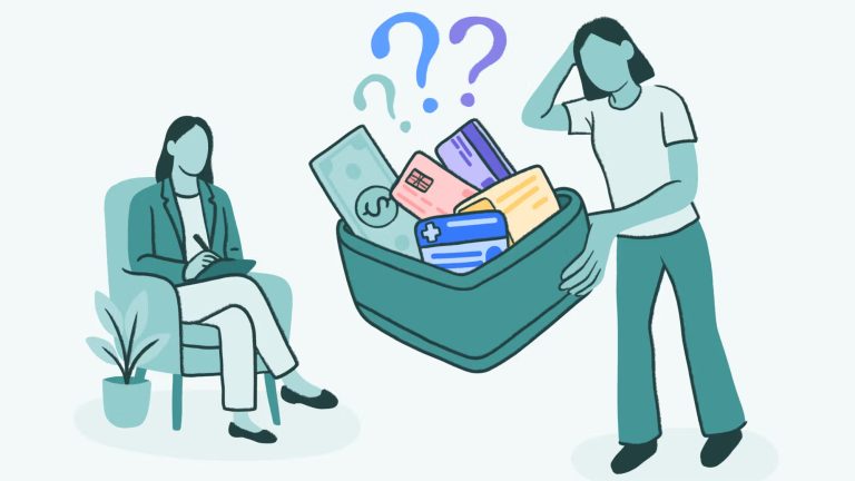 A woman looks confused by a bowl of payment cards and cash while speaking to professional, highlighting common questions about Residential Rehab Cost.
