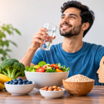 A smiling man holding a glass of water beside fresh fruits, vegetables, and healthy foods, representing wellness and medication-assisted treatment