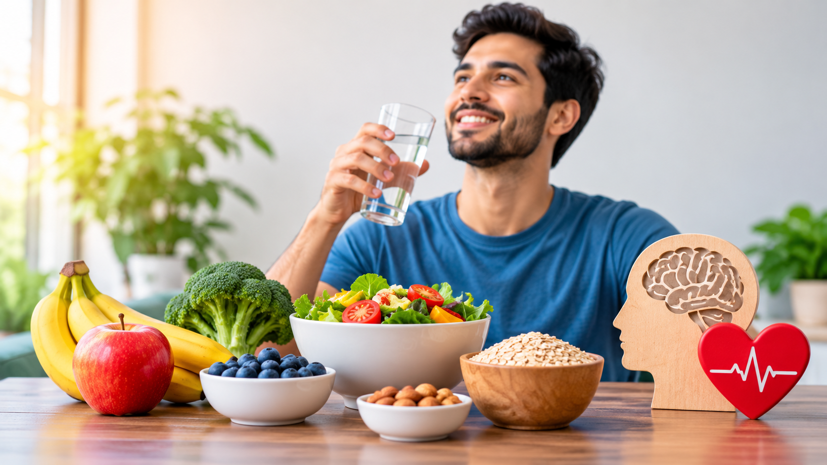 A smiling man holding a glass of water beside fresh fruits, vegetables, and healthy foods, representing wellness and medication-assisted treatment