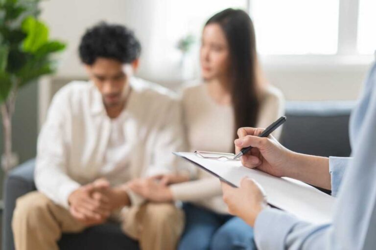 Couples counseling session at an in-network rehab facility to verify insurance benefits for recovery.