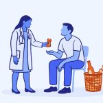 Graphic line illustration of a female doctor handing prescription medicine to a man undergoing medication-assisted treatment for addiction