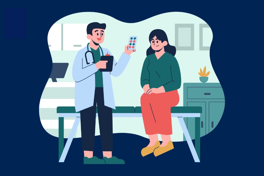 Flat vector illustration of a doctor handing a blister pack of pills to a patient during a medication-assisted treatment consultation
