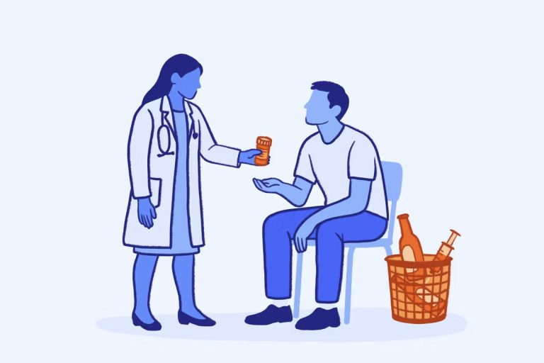 Graphic line illustration of a female doctor handing prescription medicine to a man undergoing medication-assisted treatment for addiction